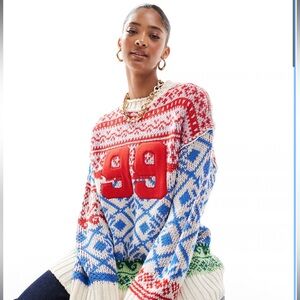 ASOS DESIGN oversized patchwork fairisle festive sweater in blue and red SMALL